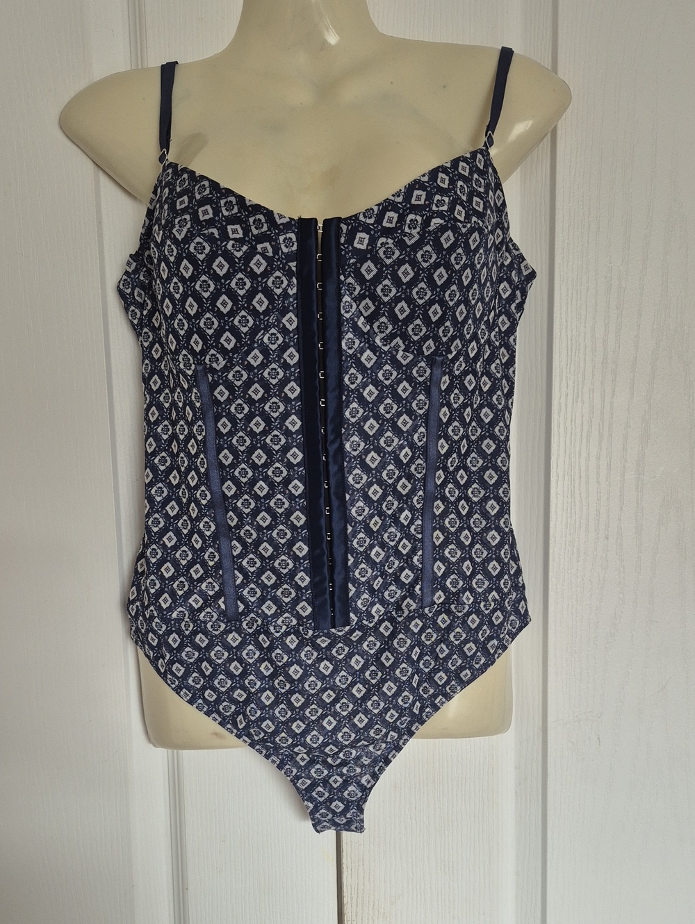 Free People Navy and White Geometric Strap Bodysuit